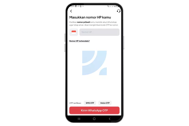 Masukkan nomor HP dan verifikasi OTP untuk melanjutkan pendaftaran