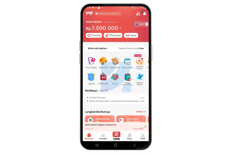 Setelah pendaftaran selesai, aplikasi Yup siap digunakan untuk transaksi